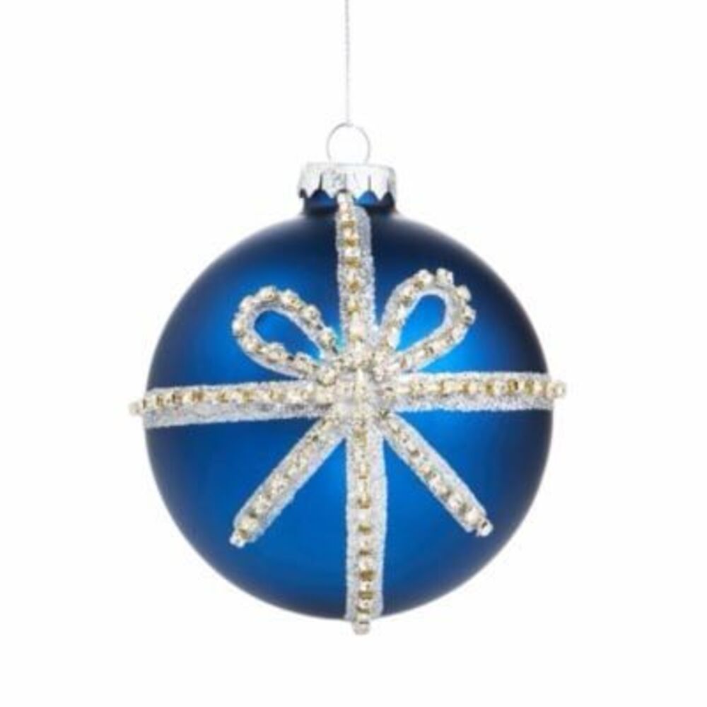 New $35 Bloomingdale's Glass Navy Blue Ball Ornament rhinestone bow